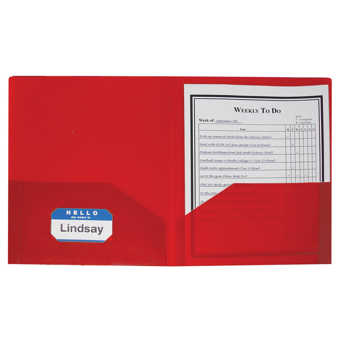 2-Pocket Red Poly Portfolio with a name tag in the business card holder