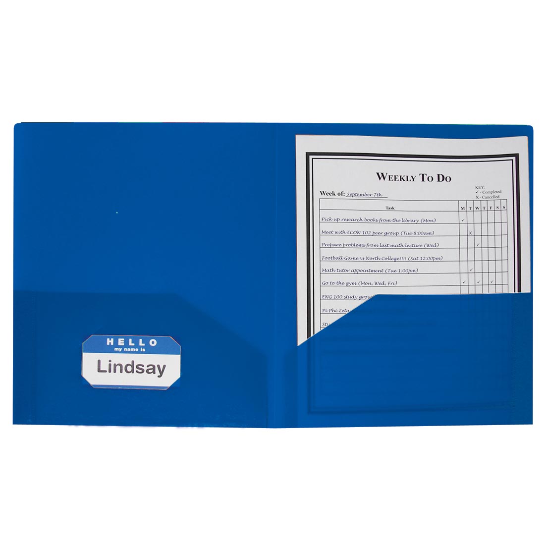 2-Pocket Blue Poly Portfolio with a name tag in the business card holder