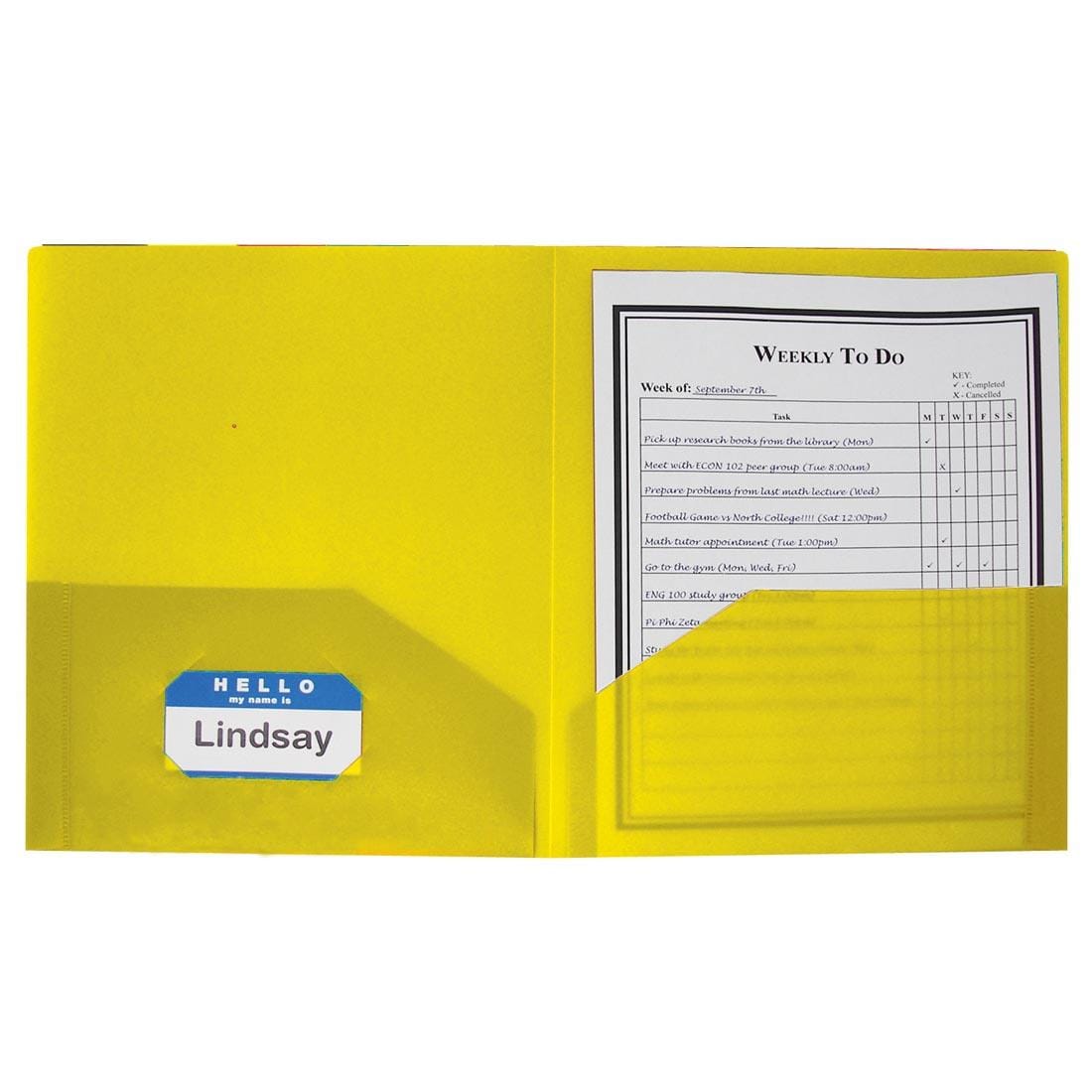 2-Pocket Yellow Poly Portfolio with a name tag in the business card holder