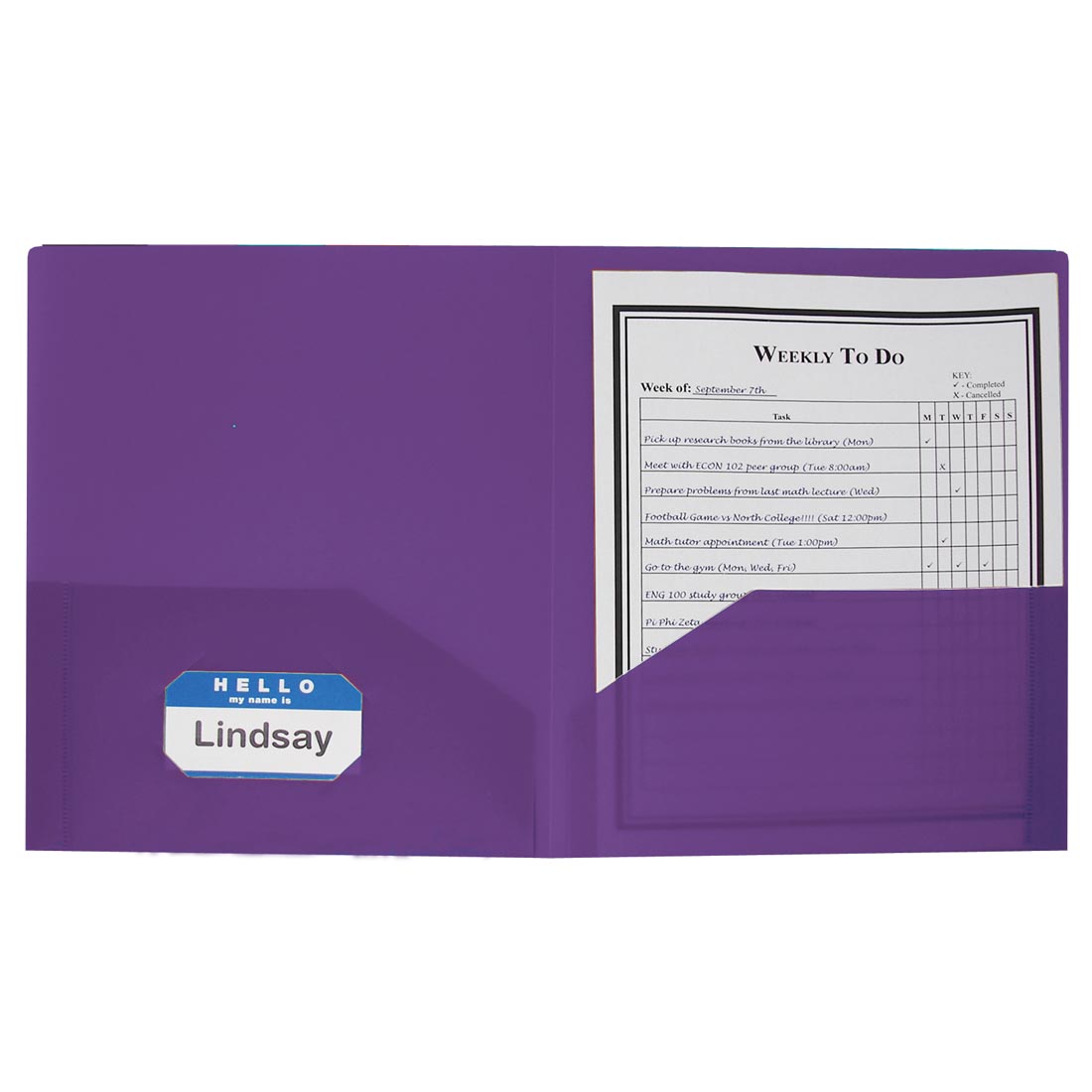 2-Pocket Purple Poly Portfolio with a name tag in the business card holder