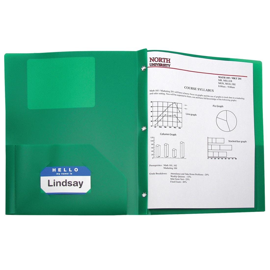 3-Prong Green Poly Pocket Portfolio with a name tag in the business card holder