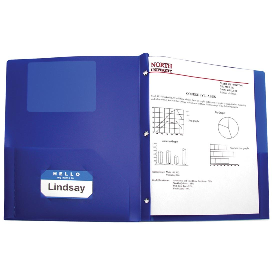 3-Prong Blue Poly Pocket Portfolio with a name tag in the business card holder