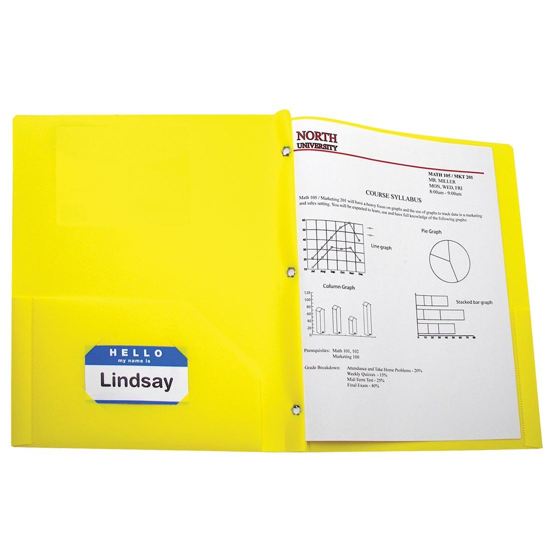 3-Prong Yellow Poly Pocket Portfolio with a name tag in the business card holder