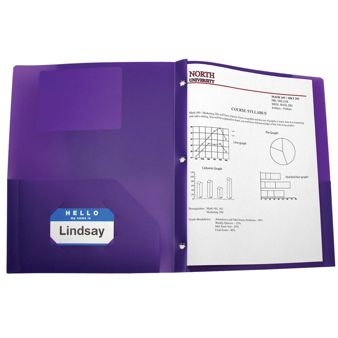 3-Prong Purple Poly Pocket Portfolio with a name tag in the business card holder