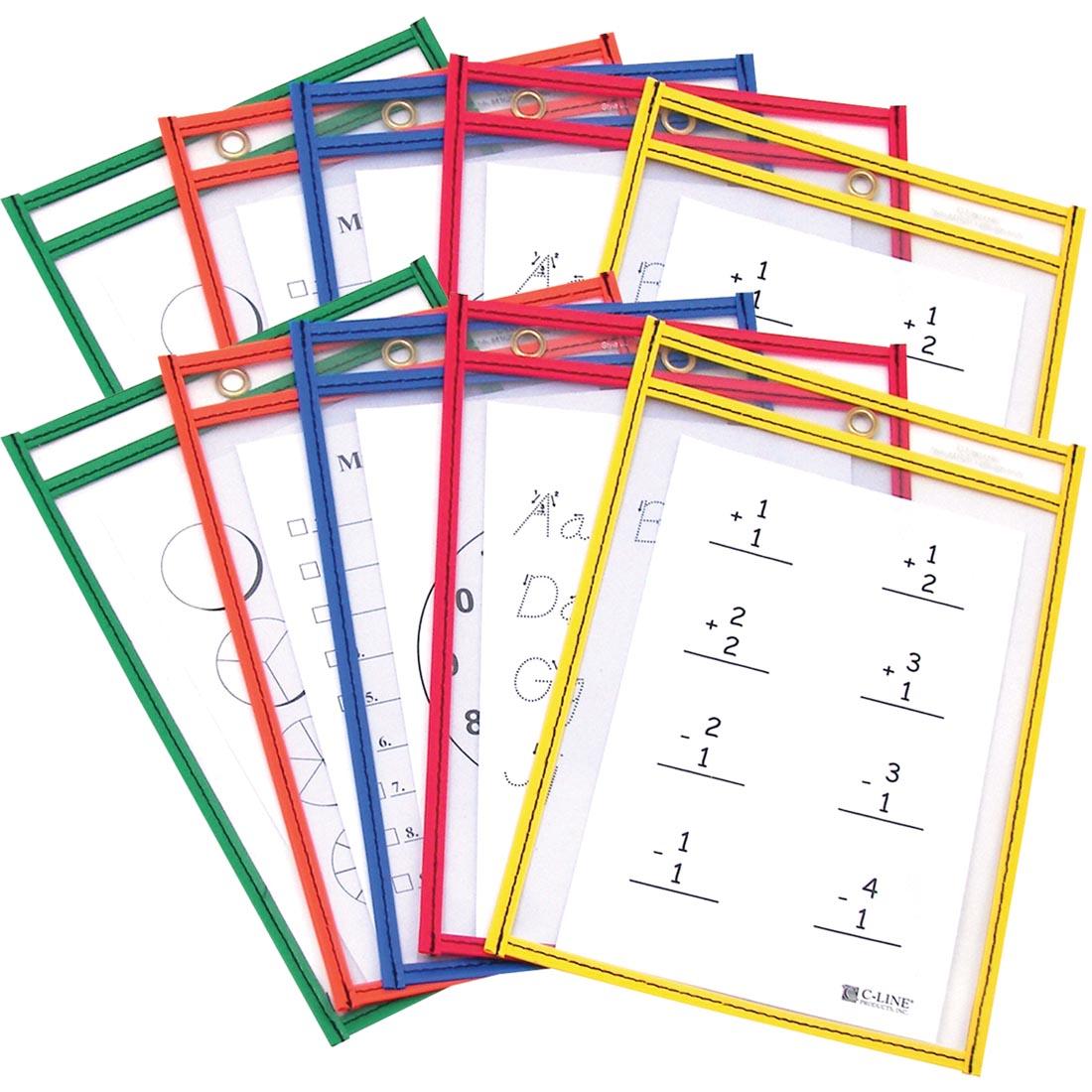 10 Reusable Dry Erase Pockets shown with worksheets inside