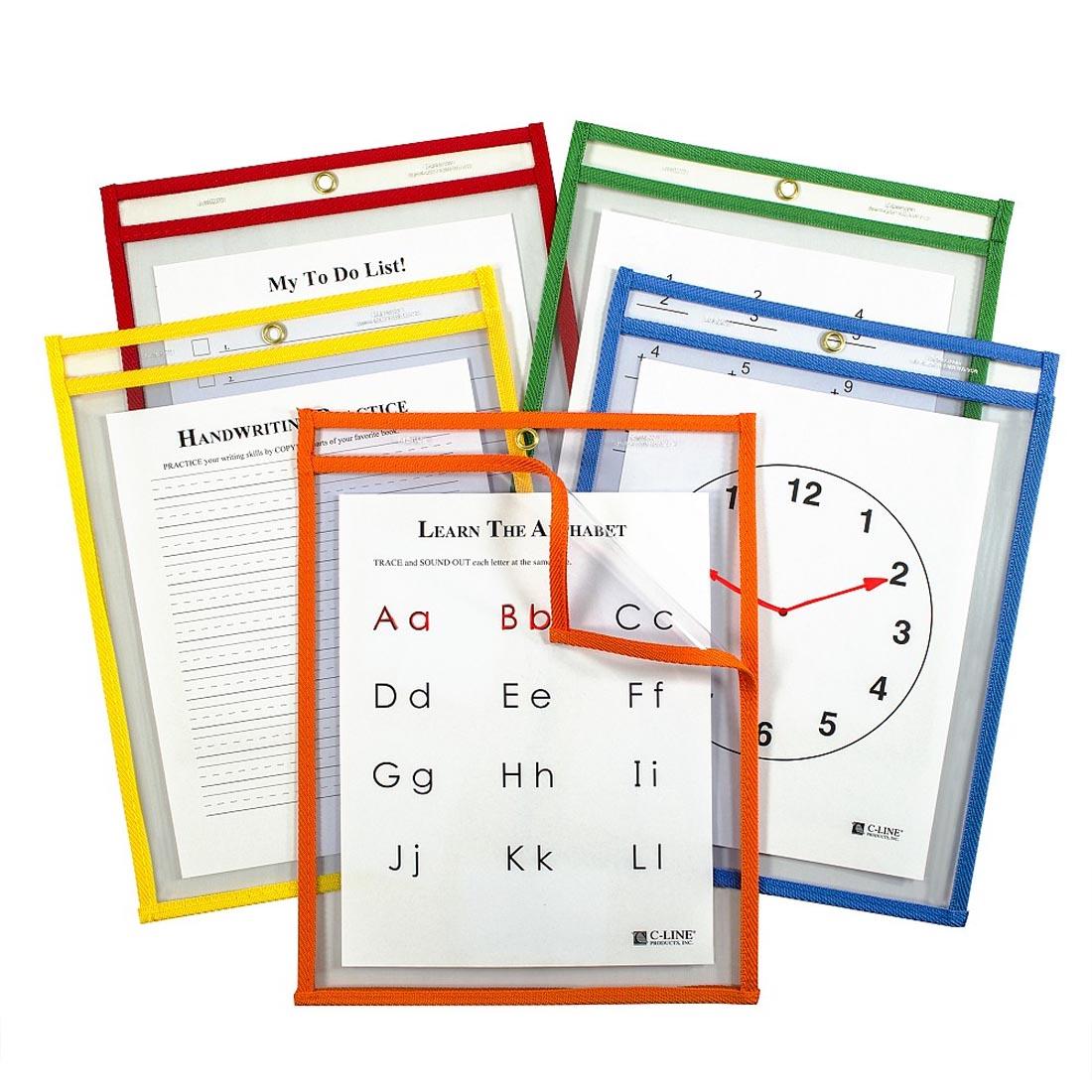 5 Reusable Dry Erase Pockets shown with worksheets inside