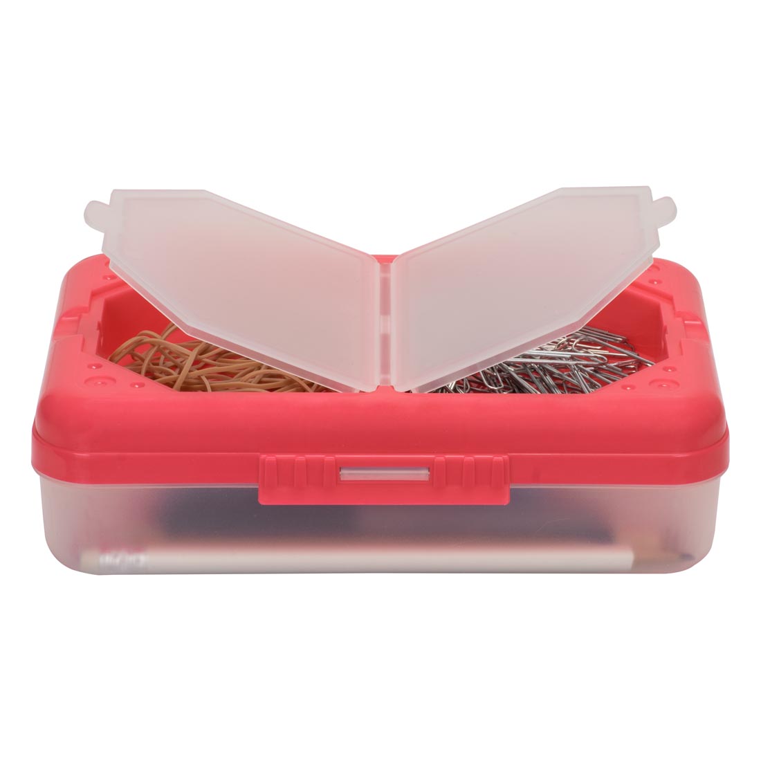 Storage box holding rubber bands, paper clips and pencils