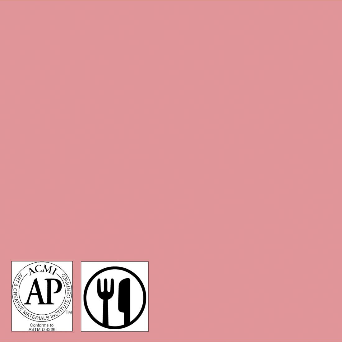 Color sample of Mayco Foundations Series Gloss Glaze Pink with symbols for AP Seal and food safe