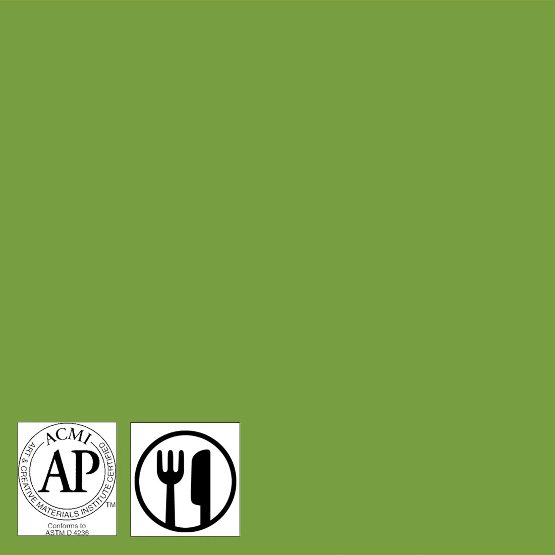 Color sample of New Leaf Green United Series Gloss Glaze with symbols for AP Seal and food safe