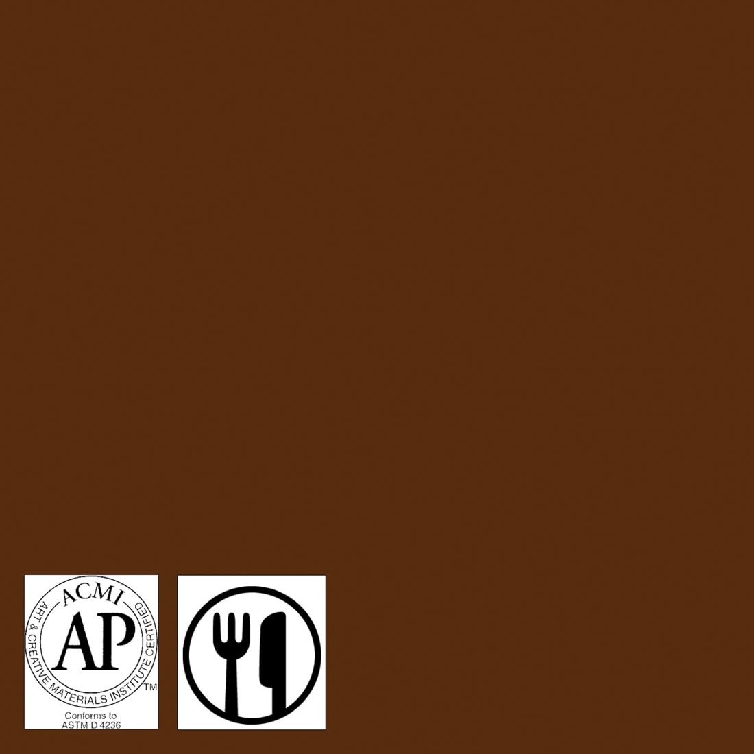 color swatch of Brown Mayco Foundations Series Gloss Glaze; symbols for AP Seal and food safe