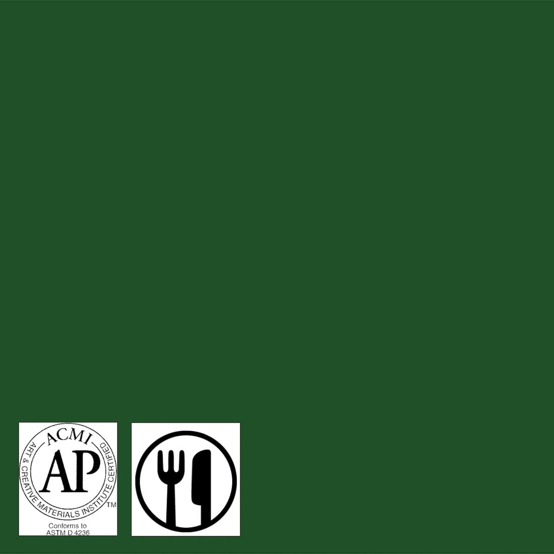 Color sample of Mayco Foundations Series Gloss Glaze Tree Green with symbols for AP Seal and food safe