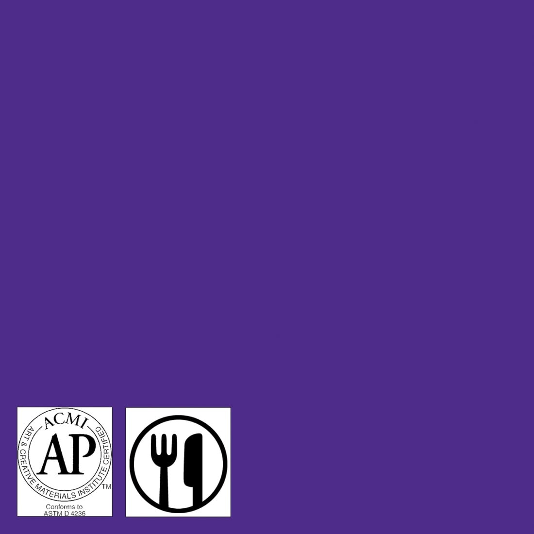 color swatch of Purple Mayco Foundations Series Gloss Glaze; symbols for AP Seal and food safe