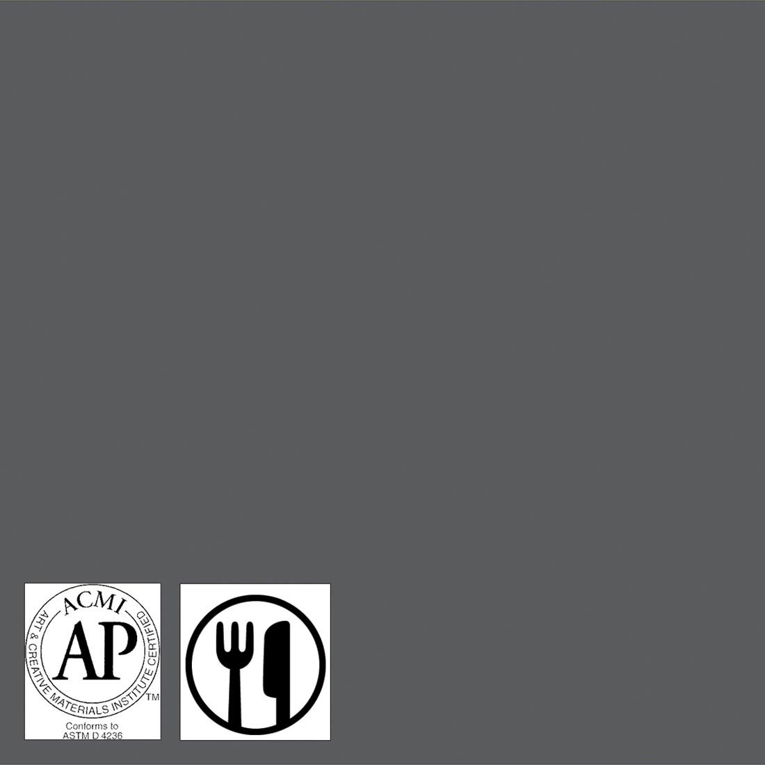 Color sample of Gray United Series Gloss Glaze with symbols for AP Seal and food safe