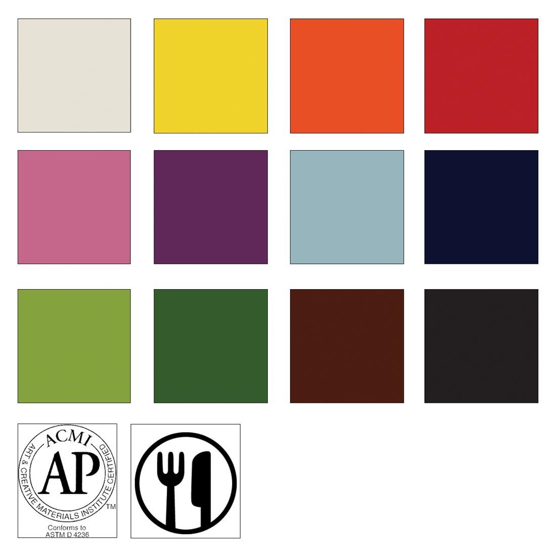 12 Color Tiles from the Mayco Stroke & Coat Wonderglazes Set #1 with symbols for AP Seal and food safe