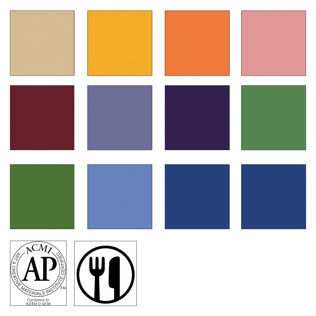 12 Color Tiles from the Mayco Stroke & Coat Wonderglazes Set #2 with symbols for AP Seal and food safe