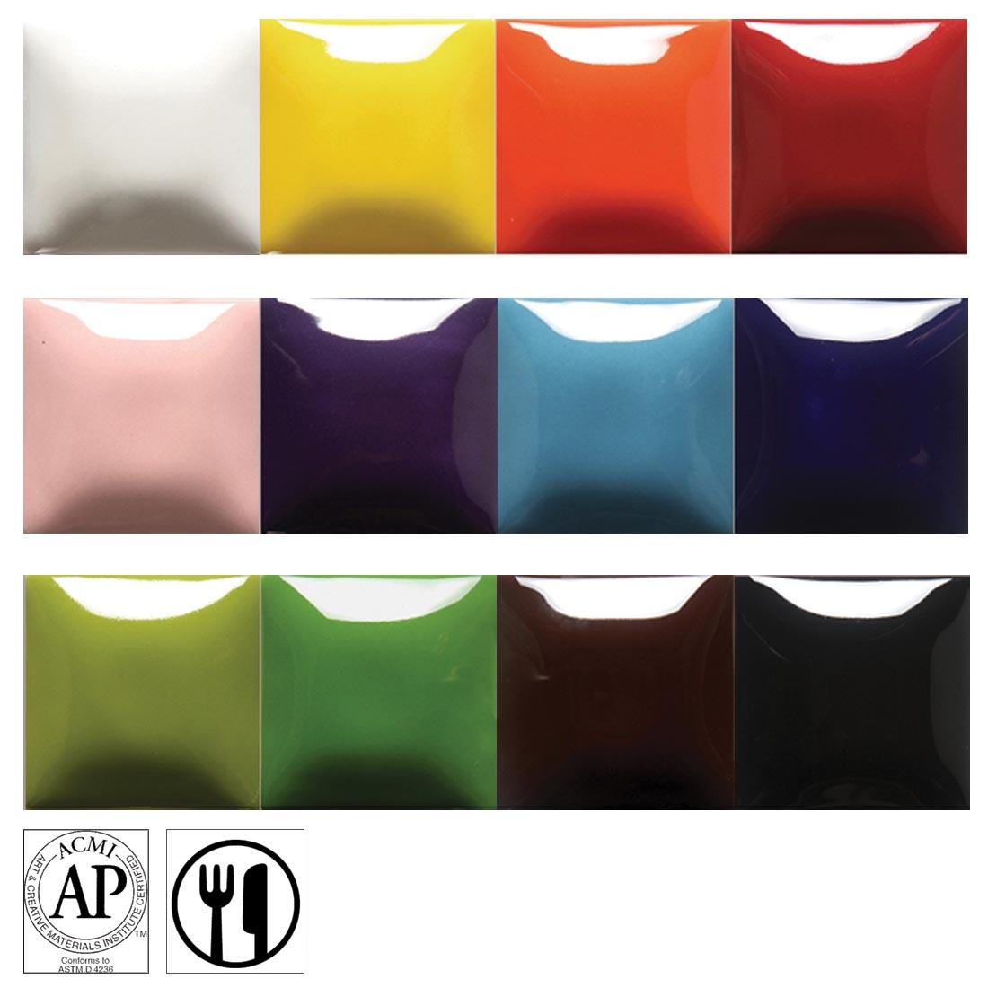 12 Color Tiles from the Mayco Foundations Series Gloss Glaze Set with symbols for AP Seal and food safe