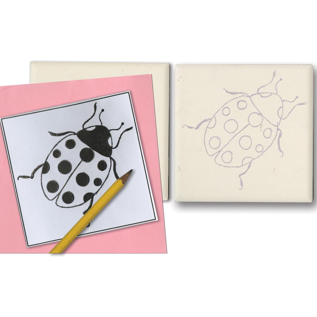 sample ladybug drawn on a tile using Mayco Clay Carbon Transfer Paper