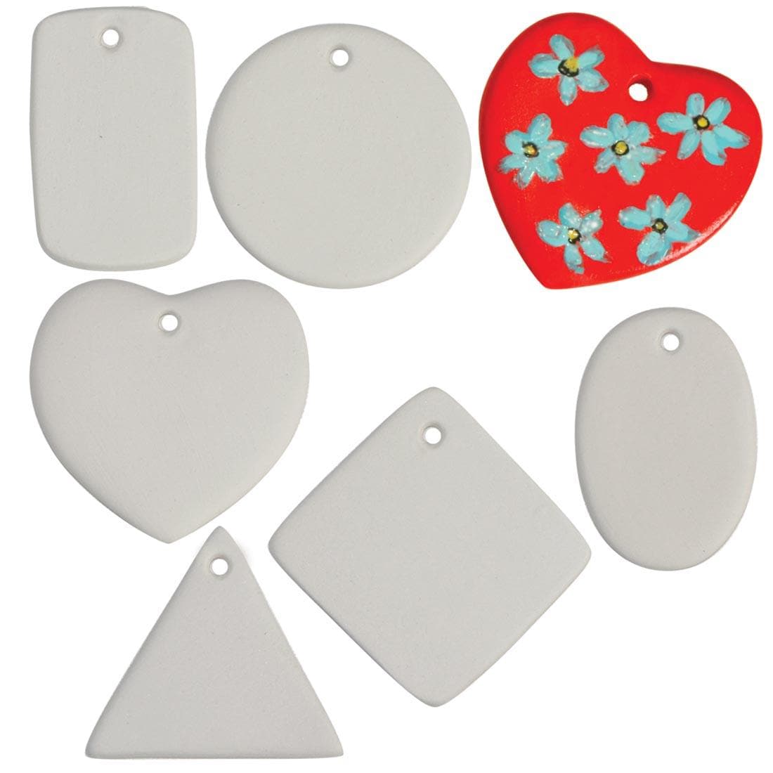 round, square, oval, triangle, rectangle and heart Bisquette Medallions with one heart decorated as sample