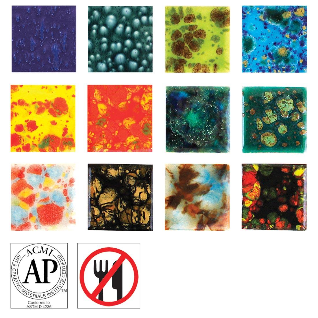 12 Sample Tiles from the Mayco Jungle Gems Crystal Glaze Set along with symbols for AP Seal and non-food safe