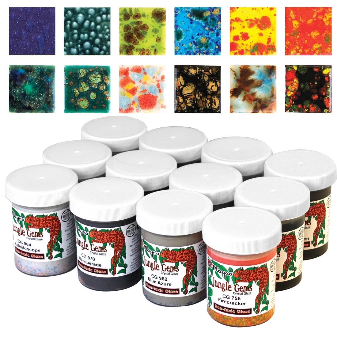 12 Jars from the Mayco Jungle Gems Crystal Glaze Set along with sample tiles of each color