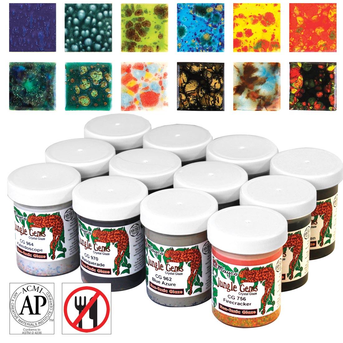 12 Jars from the Mayco Jungle Gems Crystal Glaze Set along with sample tiles of each color