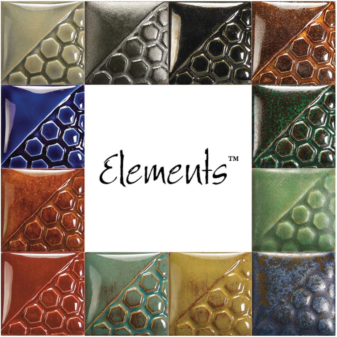 Clay tiles with the 12 Colors of the Mayco Elements Glaze Set applied
