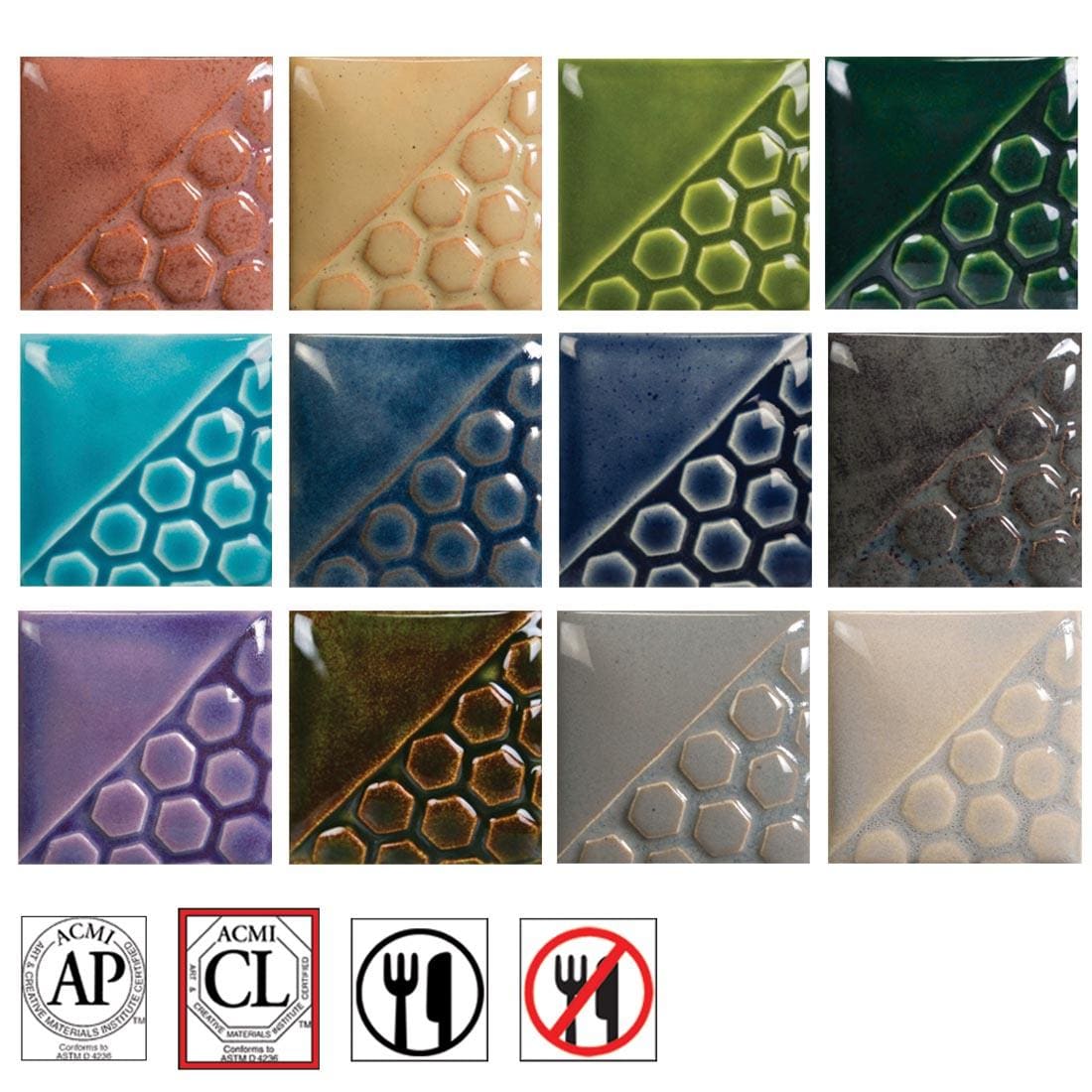 clay tiles with colors applied from the Mayco Elements Glaze 12-Color Set 2