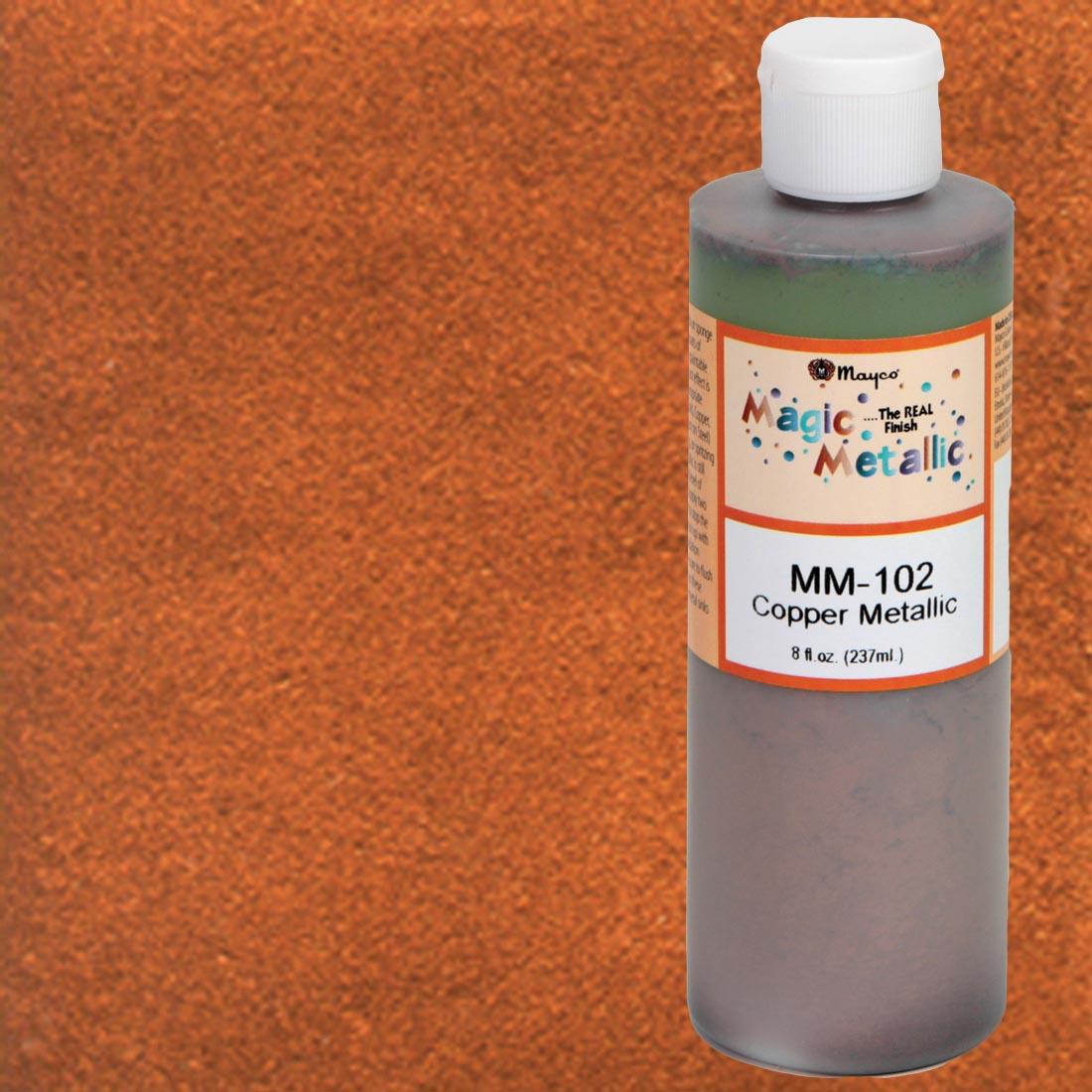 Bottle of Copper Magic Metallic Paint with a Sample Tile for the background