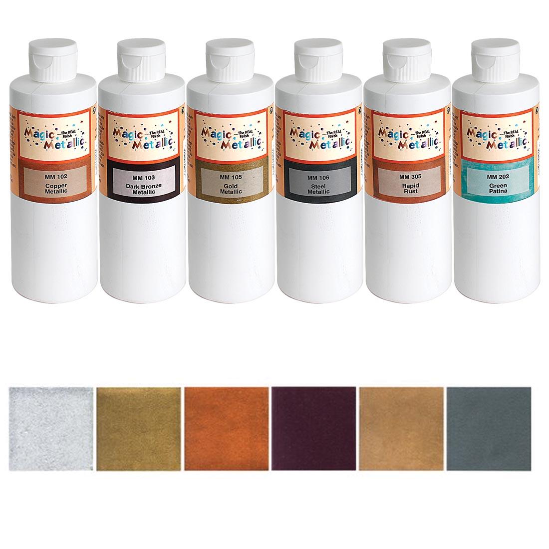 Six Bottles from the Magic Metallic Paint and Patina Set along with sample tiles of each color