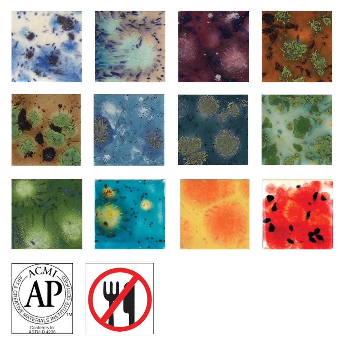 Clay Tile Samples of the 12 colors of the Mayco Crystalites Glaze Set along with the AP Seal symbol and the symbol for non-food safe