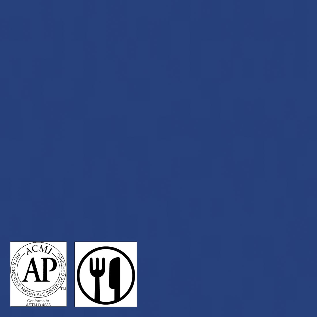 Color sample of Blue Yonder Stroke & Coat Wonderglaze with symbols for AP Seal and food safe