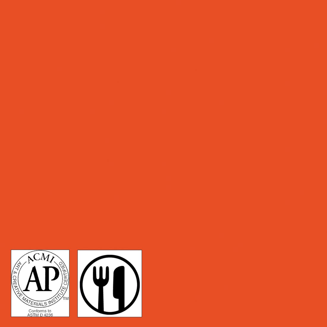 Color sample of Orange-A-Peel Stroke & Coat Wonderglaze with symbols for AP Seal and food safe