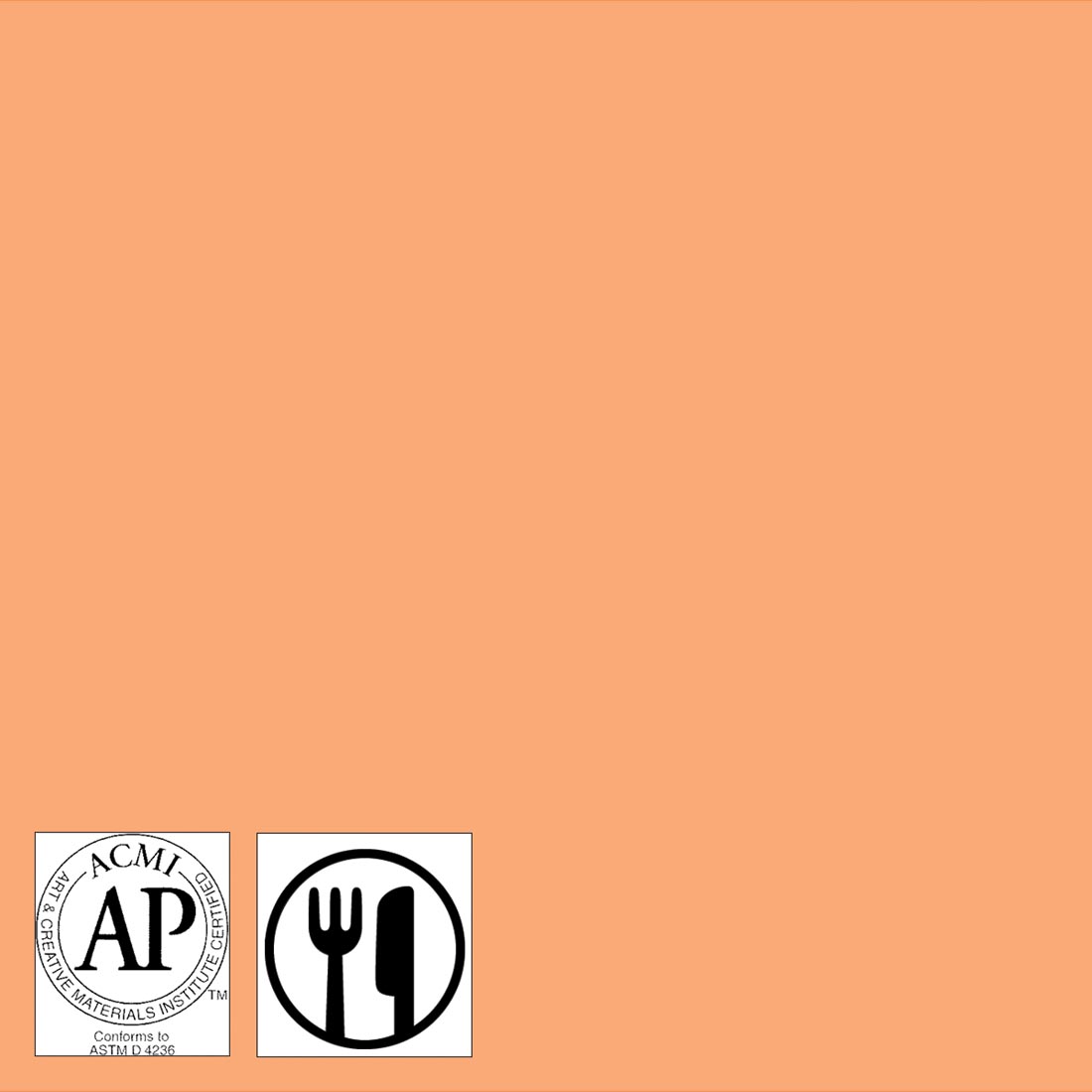 Color swatch of Mayco Stroke & Coat Wonderglaze Just Peachy with the symbols for AP Seal and food safe