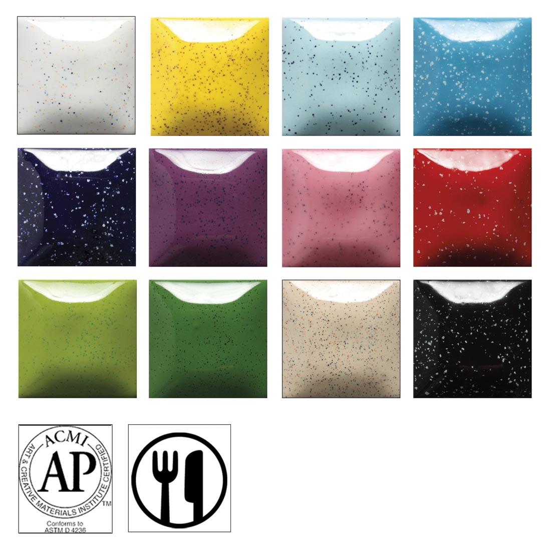 Color swatches of Mayco Speckled Stroke & Coat Glaze 12-Color Set