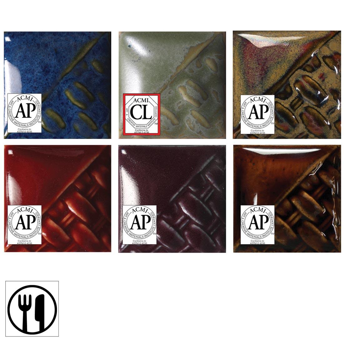 Mayco Stoneware Glaze Kit #1, showing 6 colors of glaze applied to clay tiles; each overlaid with their own health seals, plus the food safe symbol
