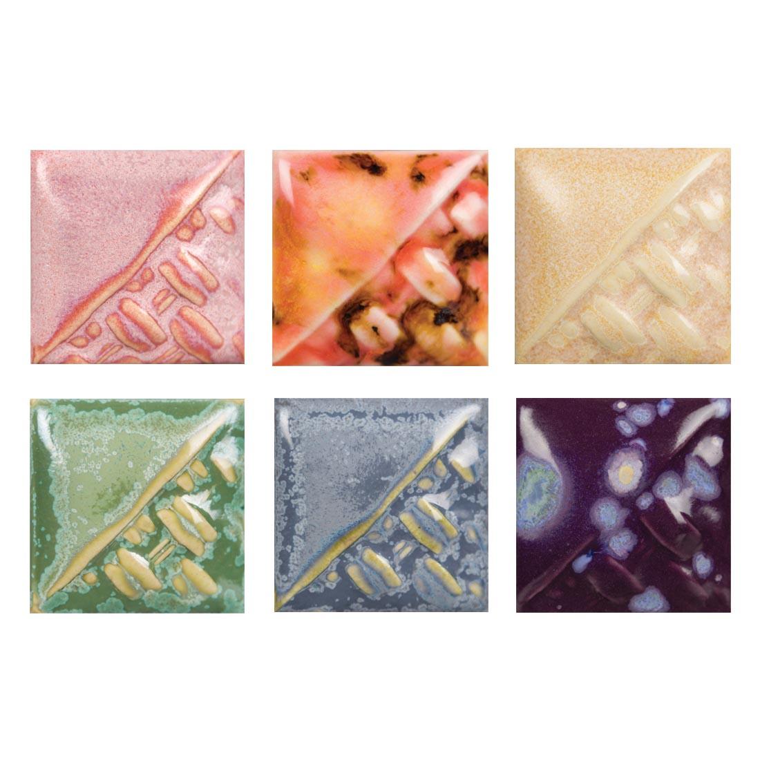 Mayco Stoneware Glaze Kit #4, showing 6 colors of glaze applied to clay tiles