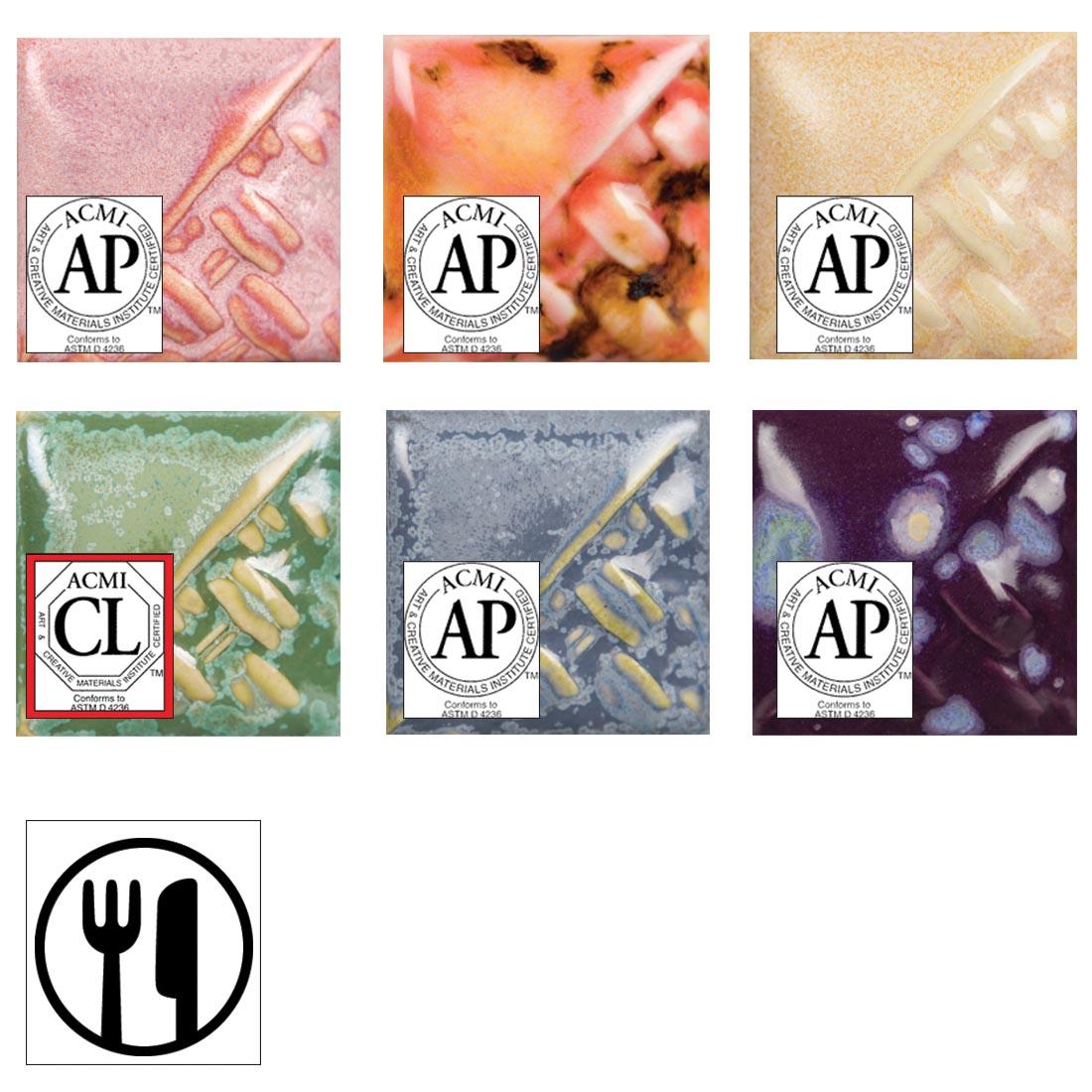 Mayco Stoneware Glaze Kit #4, showing 6 colors of glaze applied to clay tiles