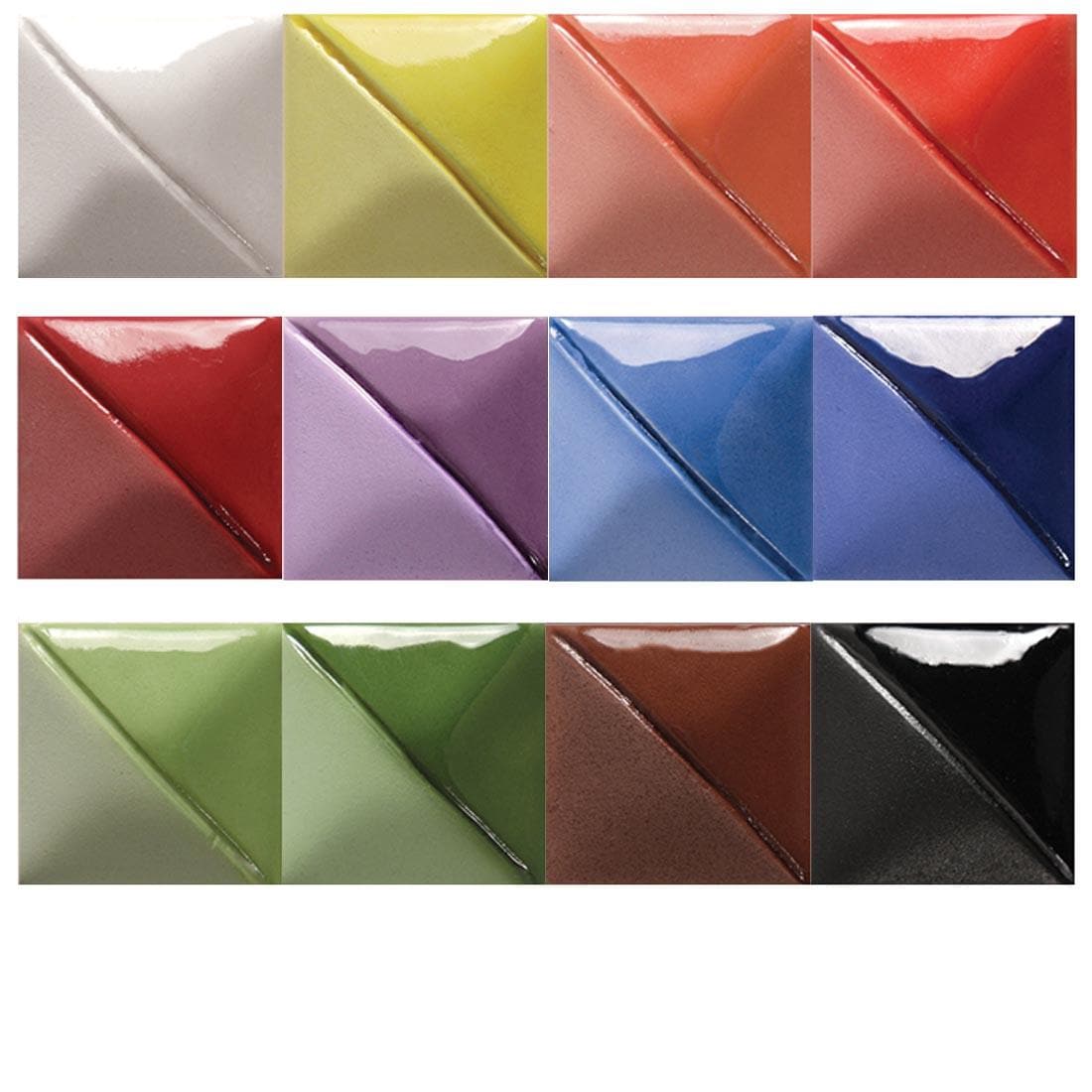 Clay tiles with colors applied from Mayco Fundamentals Underglaze 12-Color Set