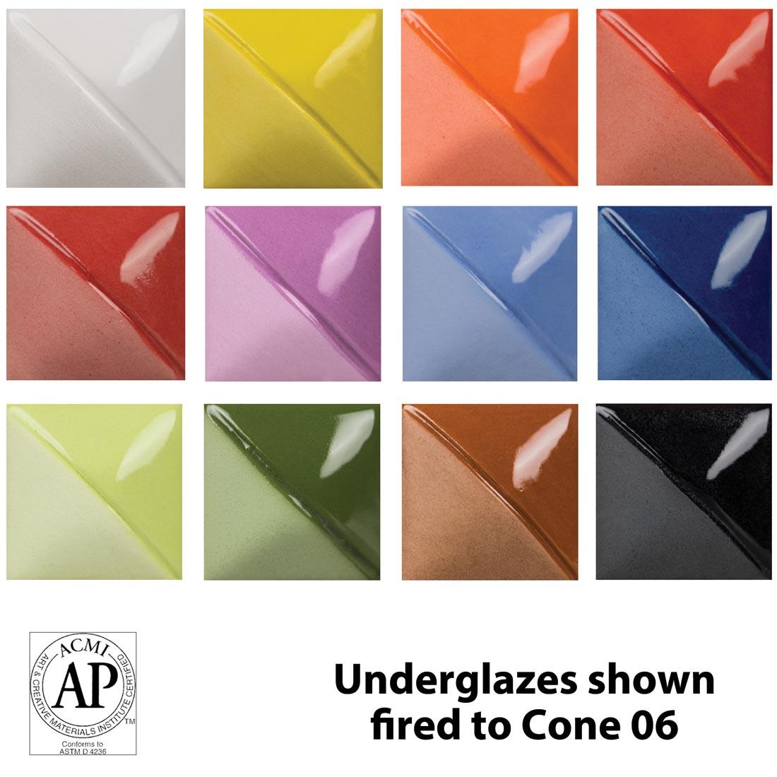 clay tiles glazed with colors from the Mayco Fundamentals Underglaze 4 oz. 12-Color Set plus the AP Seal symbol and text Underglazes shown fired to Cone 06