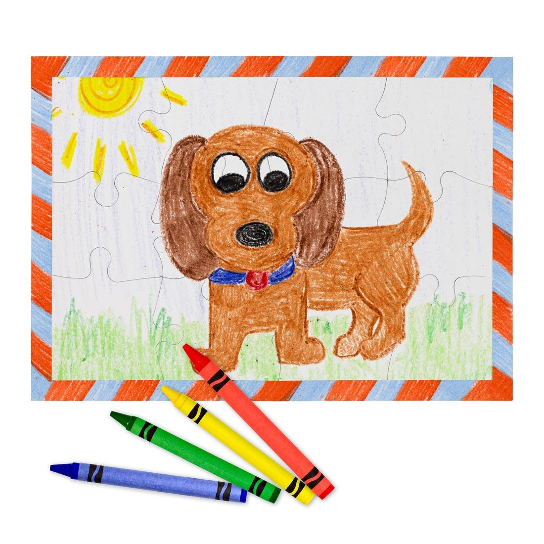 Completed 12-piece rectangular puzzle, showing a crayon-drawn puppy, plus 4 crayons