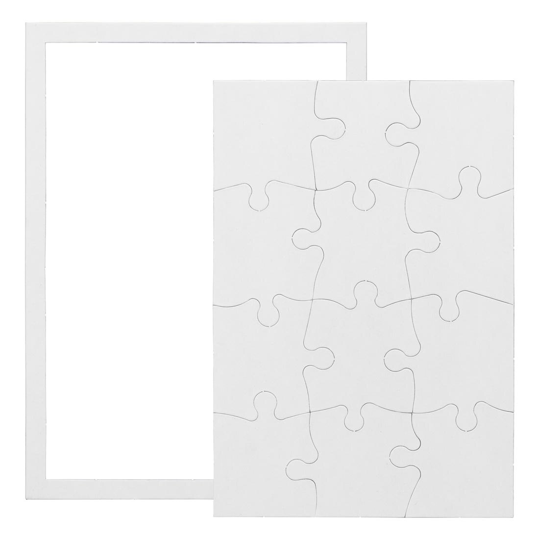 White, blank, 12-piece rectangle puzzle, shown completed with a white frame in the background