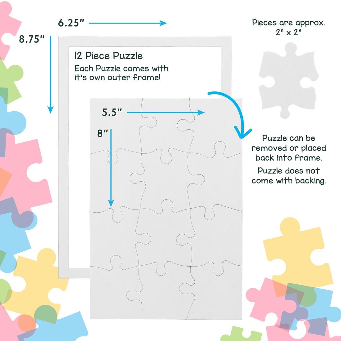 White, blank 12-piece rectangle puzzle showing completed puzzle with measurements and approximate piece size