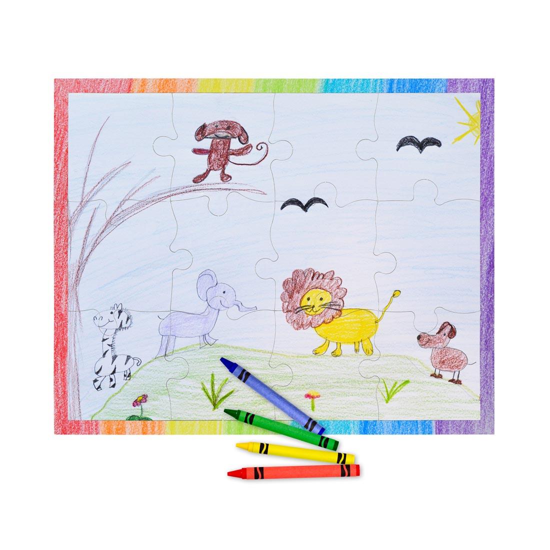 Completed 12-piece rectangular puzzle, showing a crayon-drawn scene of animals, plus 4 crayons