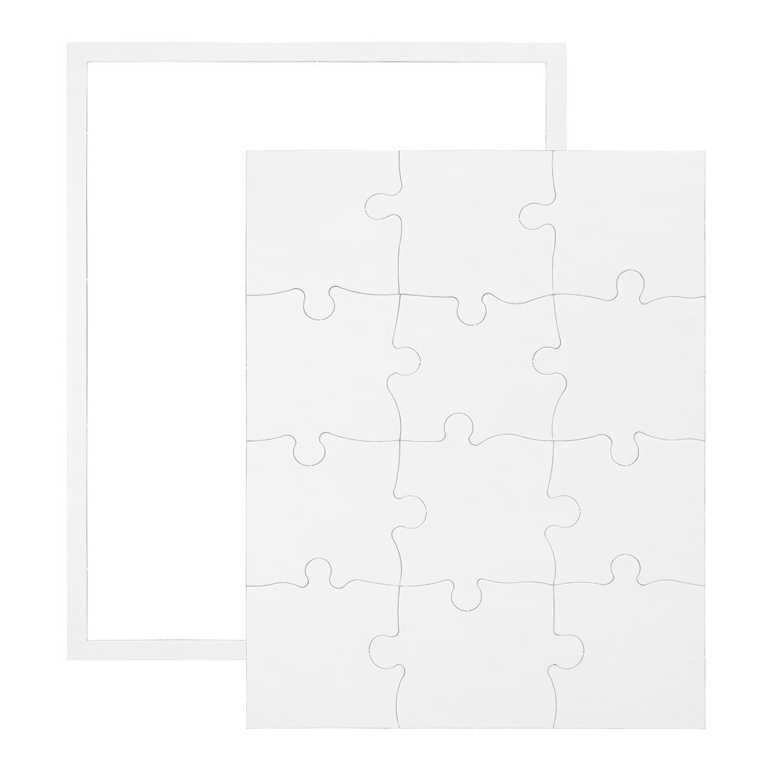 White, blank, 12-piece rectangle puzzle, shown completed with a white frame in the background