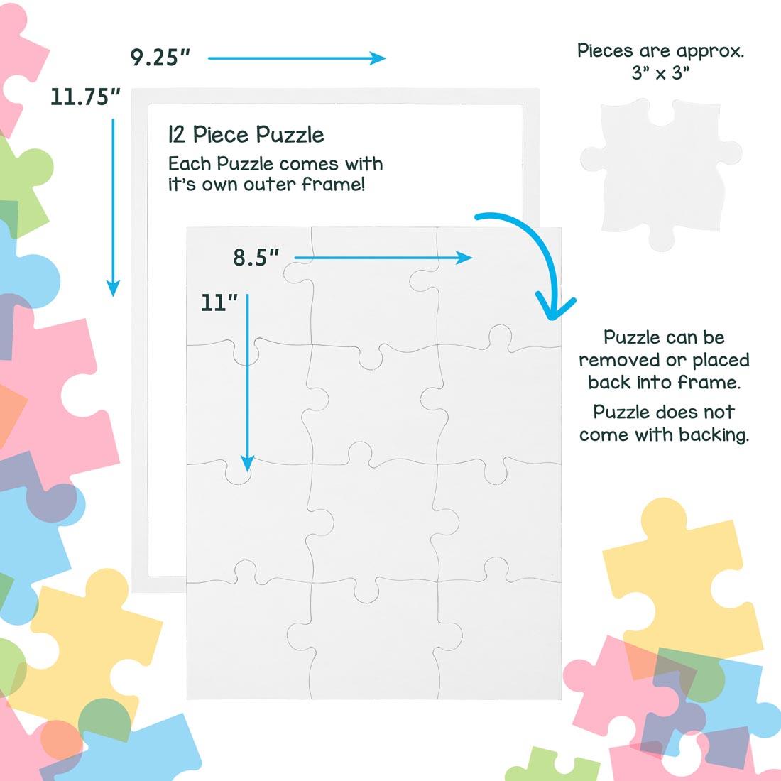 White, blank, 12-piece rectangle puzzle showing completed puzzle with measurements and approximate piece size
