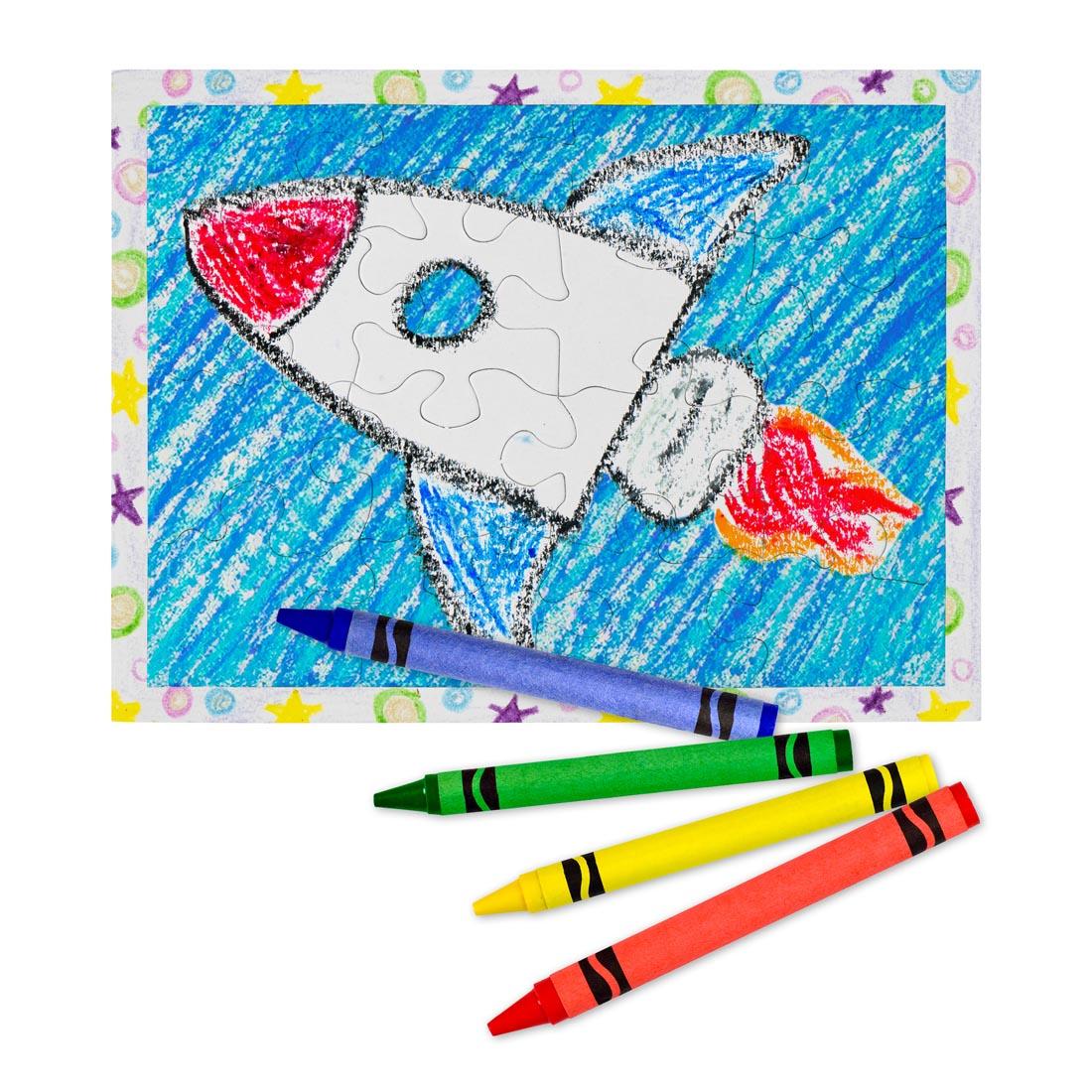 Completed 16-piece rectangular puzzle, showing a crayon-drawn rocket ship, plus 4 crayons