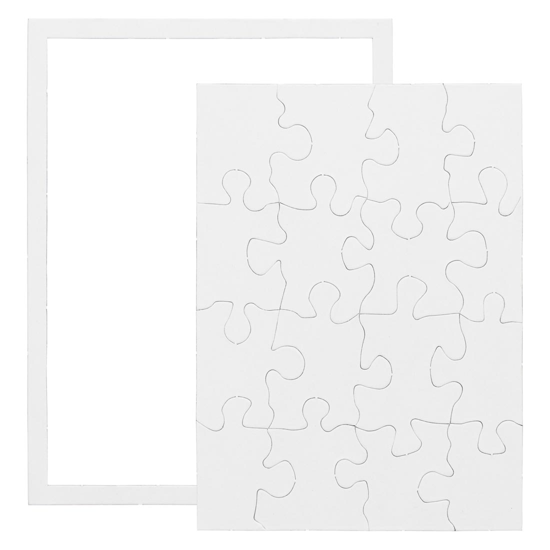 White, blank, 16-piece rectangle puzzle, shown completed with a white frame in the background