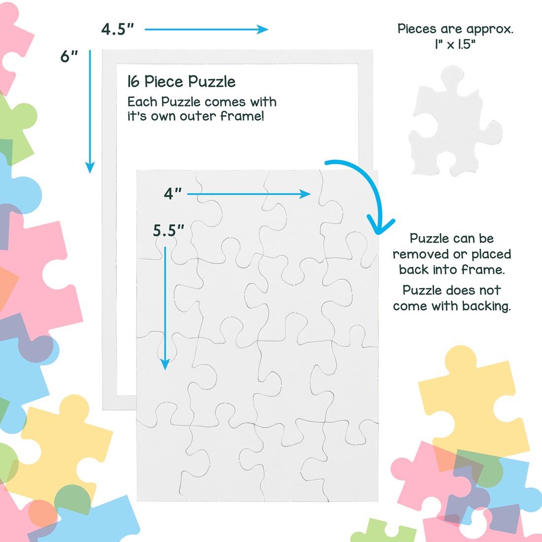 White, blank, 16-piece rectangle puzzle showing completed puzzle with measurements and approximate piece size