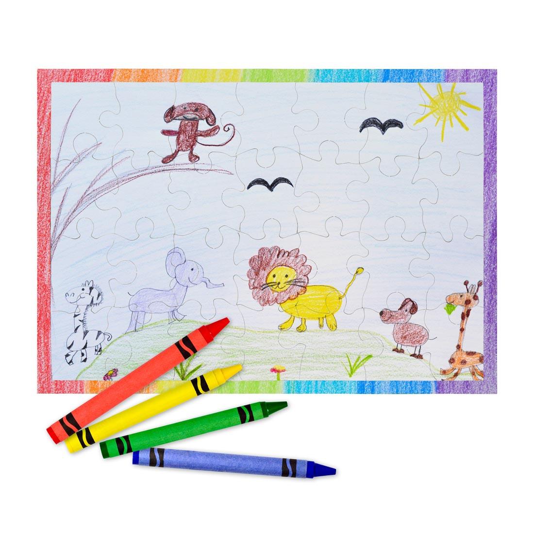 Completed 28-piece rectangular puzzle, showing a crayon-drawn scene with animals, plus 4 crayons
