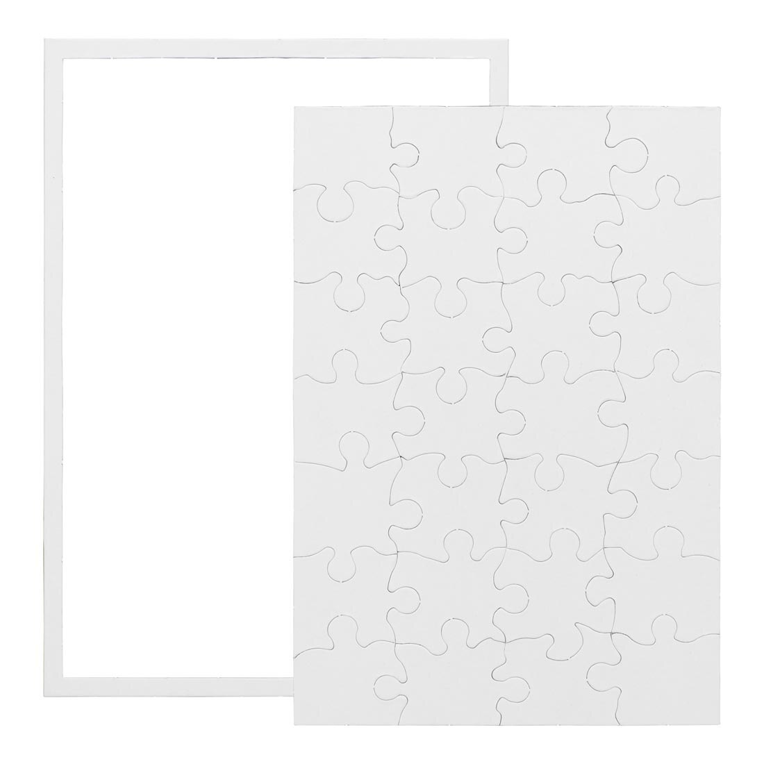 White, blank, 28-piece rectangle puzzle, shown completed with a white frame in the background